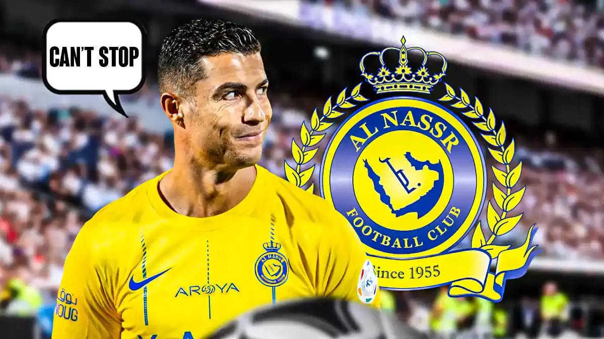 Cristiano Ronaldo saying: ‘Can’t stop' in front of the Al-Nassr logo