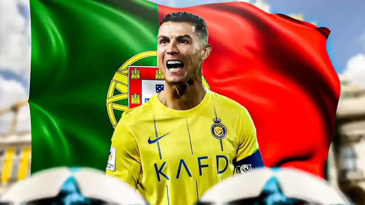 Cristiano Ronaldo standing in front of the Portugal flag