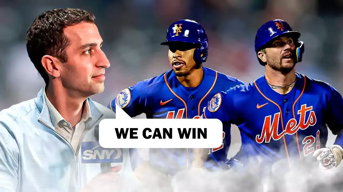 David Stearns saying “we can win” next to Francisco Lindor and Pete Alonso