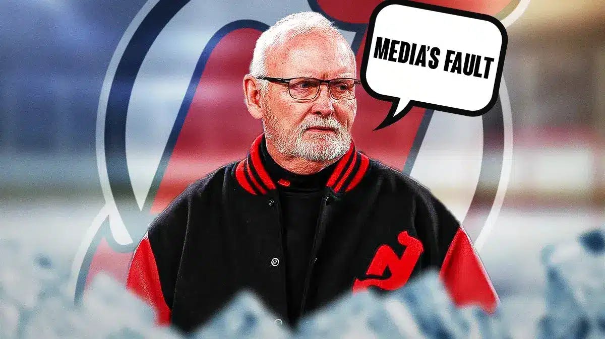 Lindy Ruff in middle of image looking stern with speech bubble: “Media’s fault” , NJ Devils logo, hockey rink in background