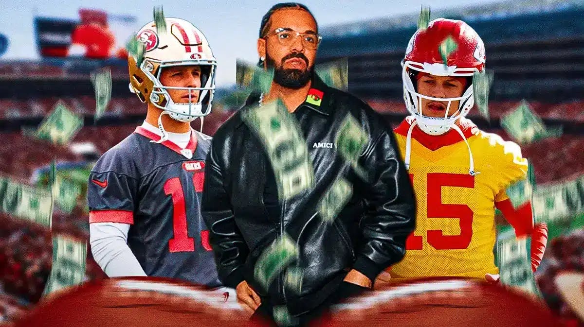 Drake, Patrick Mahomes, Brock Purdy with cash flying all around