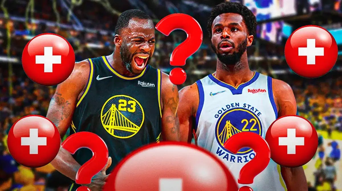 Warriors' Draymond Green and Andrew Wiggins with red medical symbols and question marks