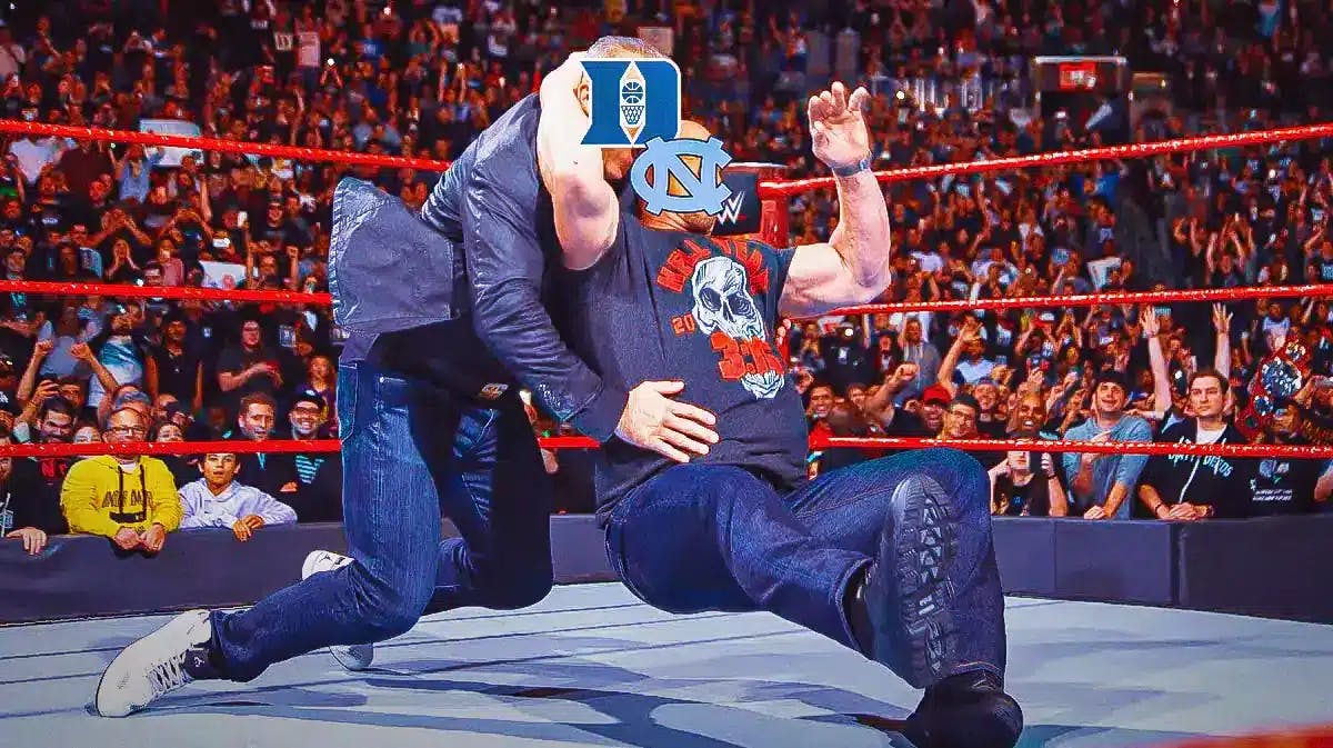 North Carolina logo on the face of Stone Cold (MAN ON RIGHT) and Duke logo on the face of Shane McMahon