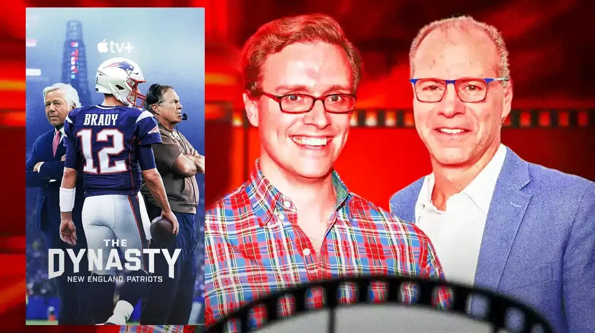 Matt Hamachek andJeff Benedict with The Dynasty: New England Patriots poster.