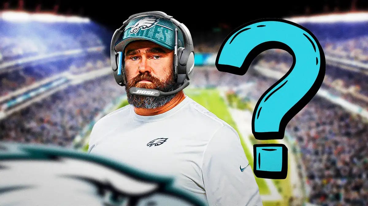 Philadelphia Eagles' Jason Kelce with a headset on, and question mark.