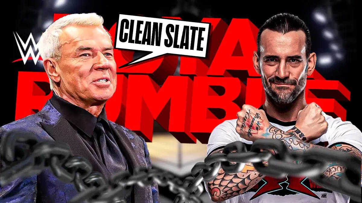 Eric Bischoff with a text bubble reading “clean slate” next to CM Punk with the Royal Rumble logo as the background.