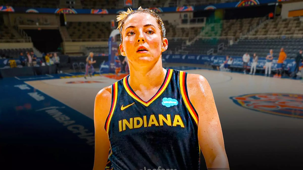 Katie Lou Samuelson in an Indiana Fever jersey with the Fever arena in the background, WNBA free agency