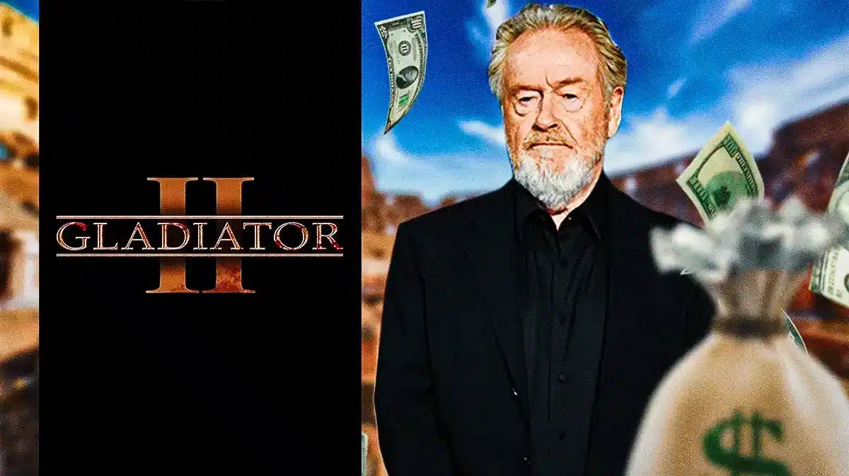 Gladiator 2 logo and Ridley Scott with money and Colosseum background.