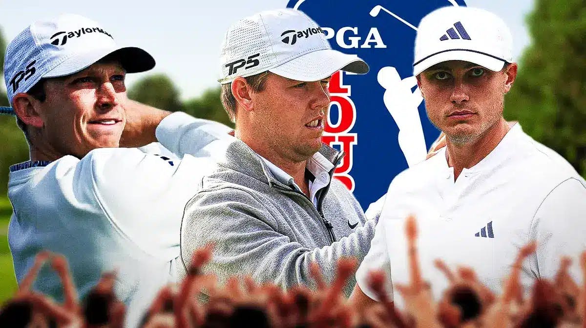 Pierceson Coody, Jacob Bridgeman and Ludvig Aberg in image, PGA Tour logo, golf course in background