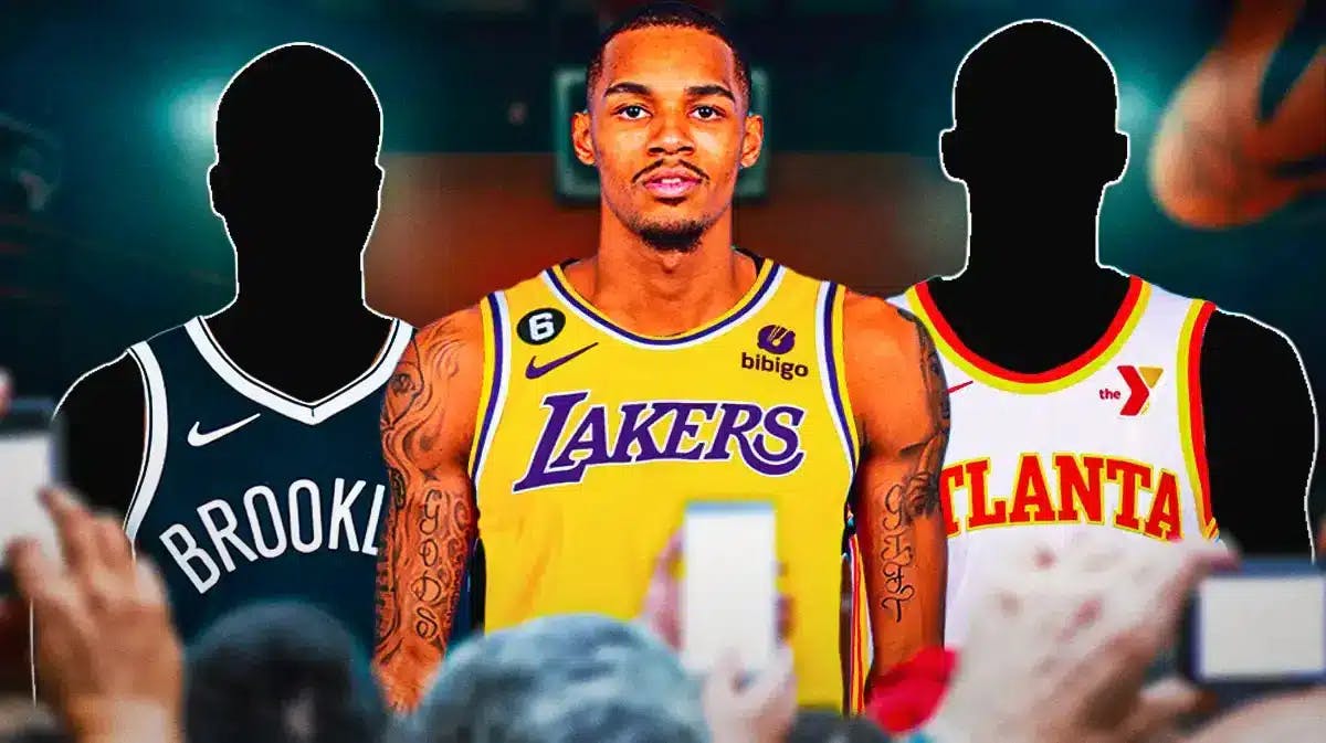 Dejounte Murray in a Lakers jersey with a silhouette of a Nets player and a silhouette of a Hawks player represnting the hypothetical NBA trade deadline deal.