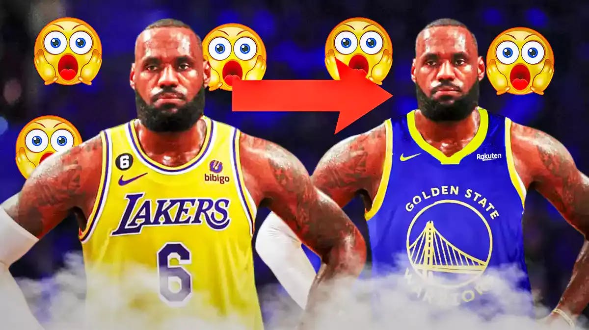 LeBron James on one side in a Los Angeles Lakers uniform with an arrow pointing LeBron James on the other side in a Golden State Warriors uniform, a bunch of shocked emojis in the background