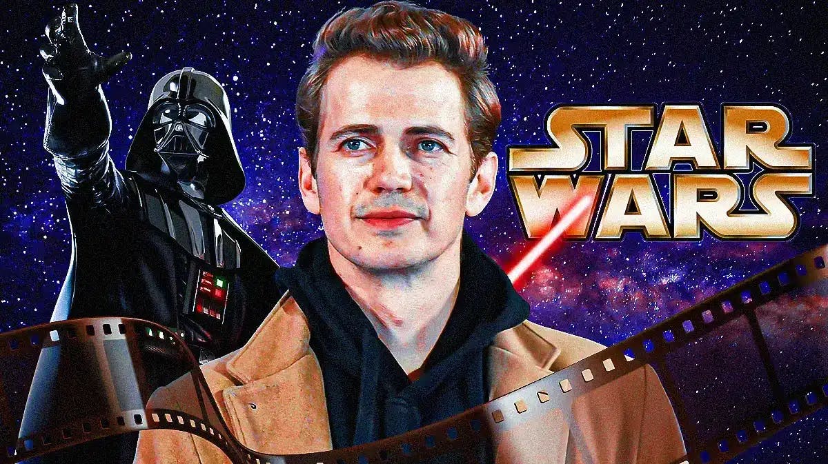 Hayden Christensen in between the Star Wars logo and Darth Vader