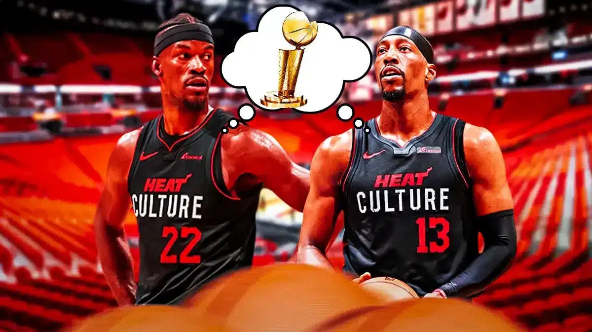 Heat’s Bam Adebayo and Jimmy Butler with a shared thought bubble containing image of the 2023 Eastern Conference championship trophy