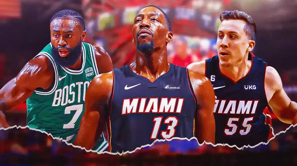 Miami Heat star Bam Adebayo in the middle of teammate Duncan Robinson and Boston Celtics star Jaylen Brown in front of the Kaseya Center.
