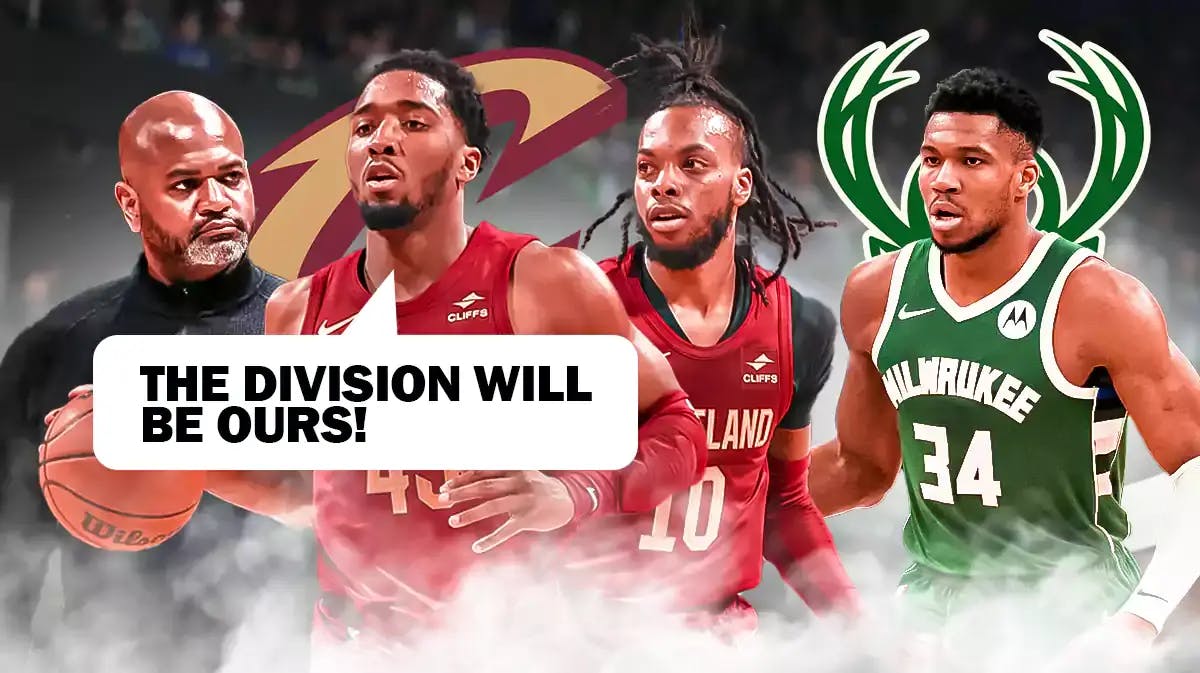 Cavs' Donovan Mitchell saying "The divison will be ours" next to JB Bickerstaff and Darius Garland; and Bucks' Giannis Antetokounmpo