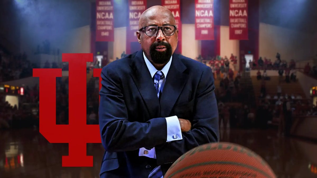 Mike Woodson with the Indiana Hoosiers logo in the background, Penn State