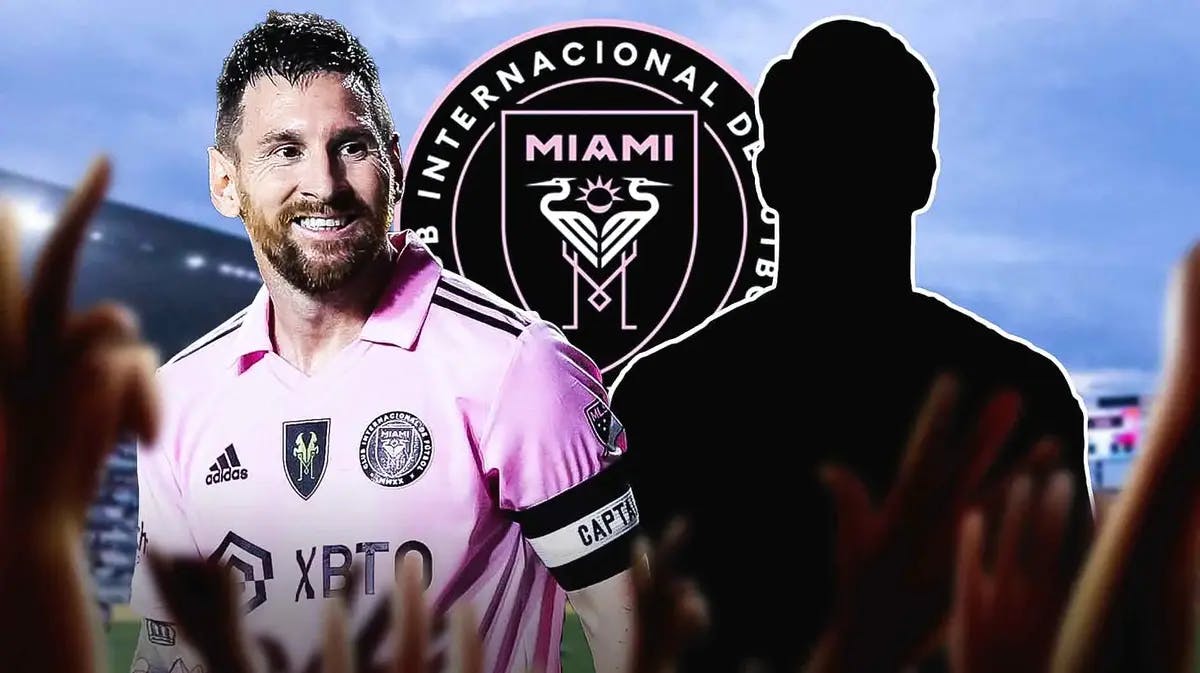 the silhouette of Federico Redondo next to Lionel Messi, the Inter Miami logo behind them