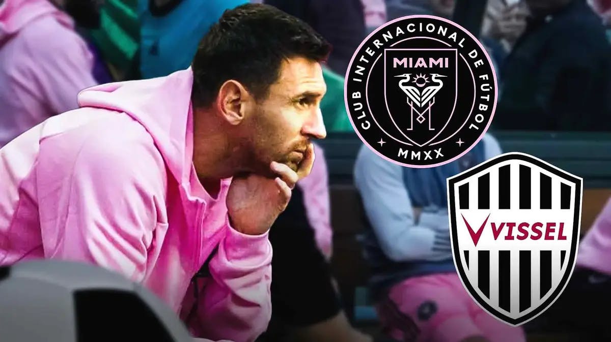 Lionel Messi sitting on the bench, the INter Miami and Vissel Kobe logos behind him