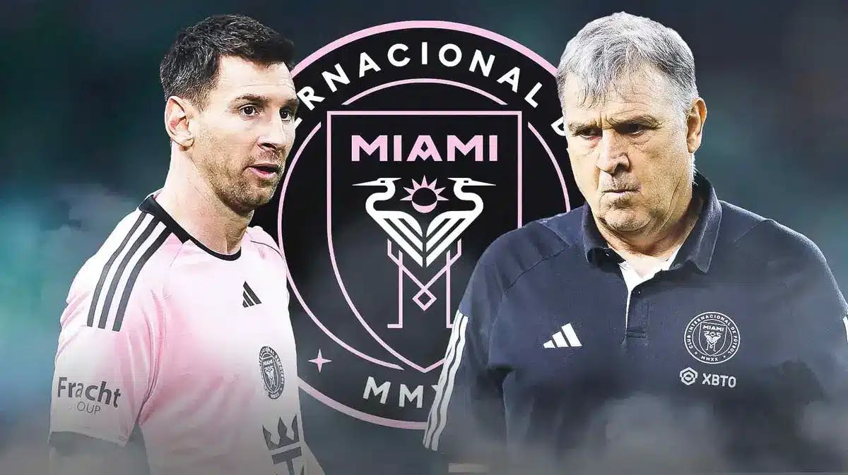 Tata Martino and Lionel Messi in front of the Inter Miami logo