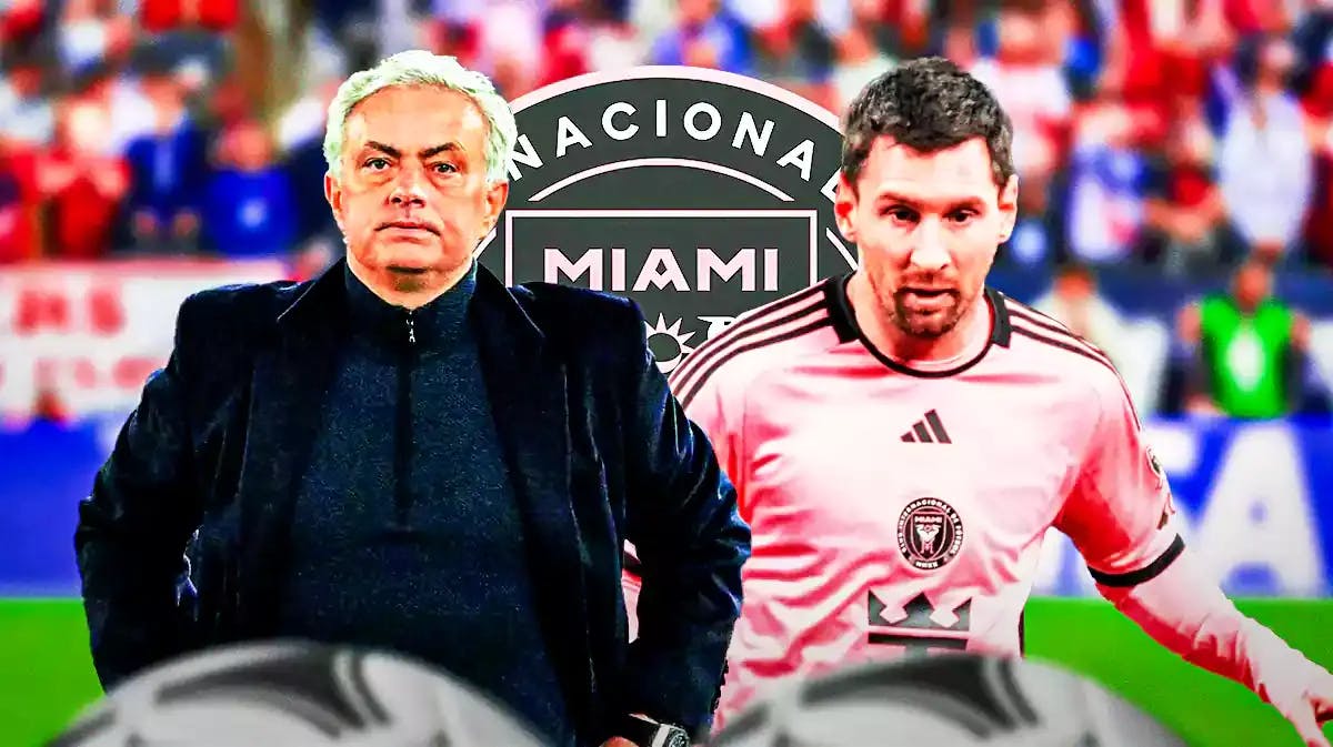 Jose Mourinho and Lionel Messi in front of the Inter Miami logo