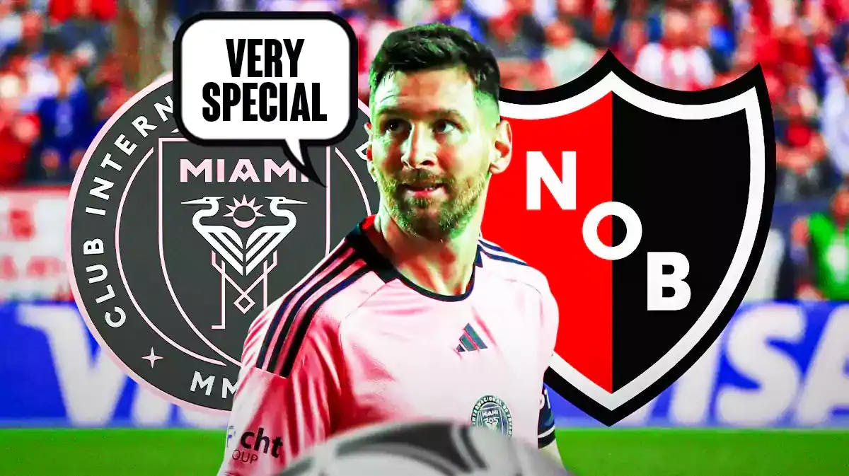 Lionel Messi saying: ‘Very special' in front of the Inter Miami and Newell’s old boys logos