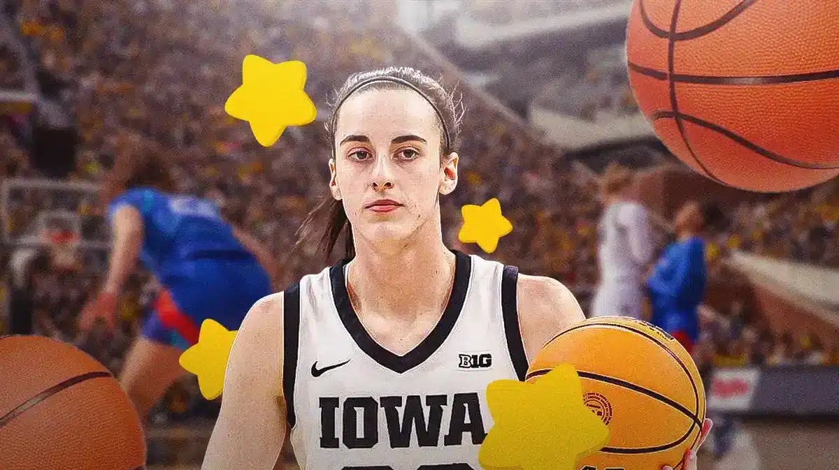 Iowa women’s basketball player Caitlin Clark, with stars surrounding her and basketballs