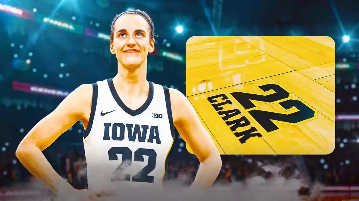 Iowa women’s basketball player Caitlin Clark, and the on-court tribute of Caitlin Clark that Iowa did for her