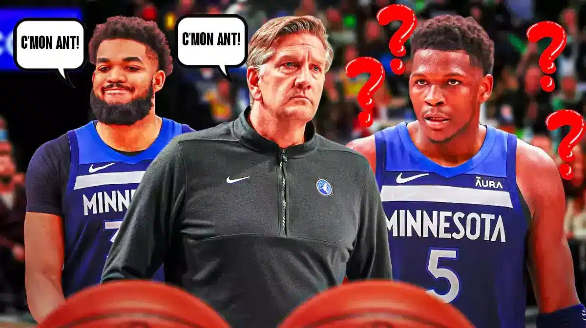 Timberwolves' Anthony Edwards with question marks; Karl-Anthony Towns and Chris Finch saying "C'mon Ant"