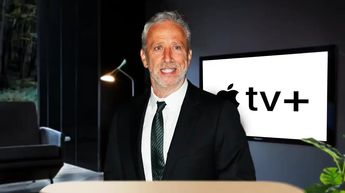 Jon Stewart and an Apple TV+ logo.