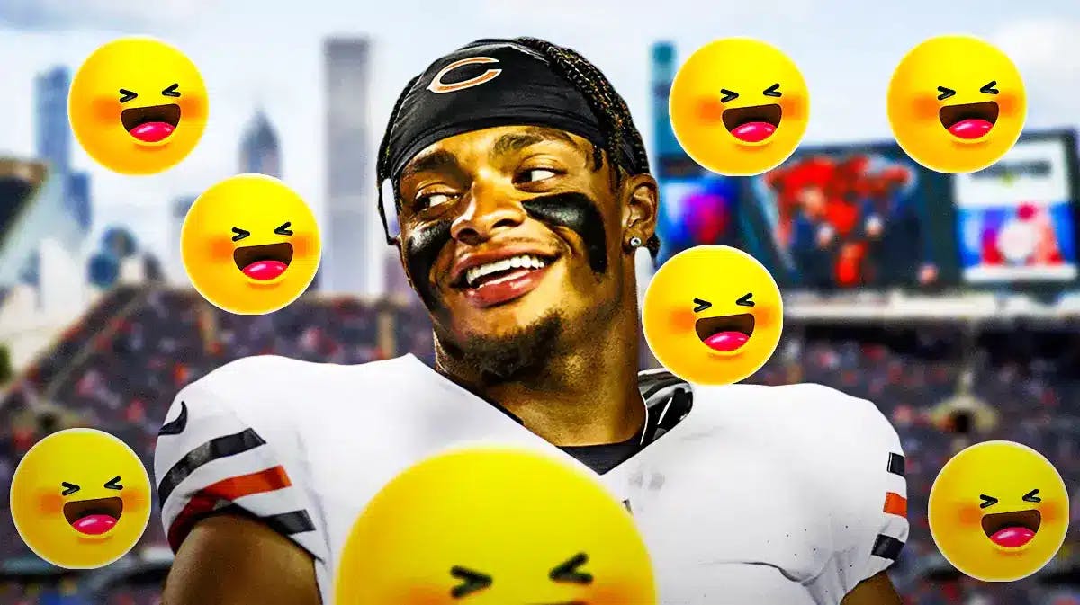 Bears' Justin Fields in front smiling. Place the laughing emoji all over the image.