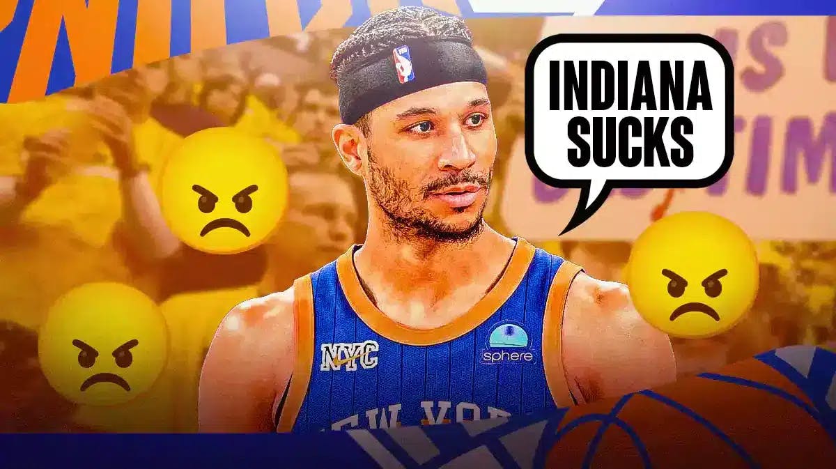 Photo: Josh Hart saying “Indiana sucks” have Hart in a Knicks jersey and angry Pacers fans in background with angry emojis all around