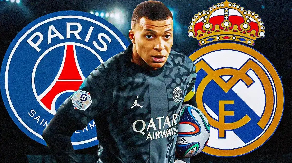 Kylian Mbappe in front of the PSG and Real Madrid logos