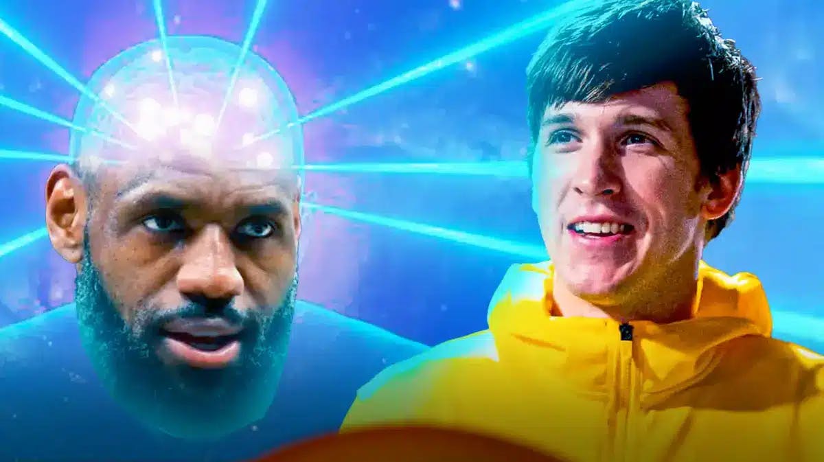 Lakers' LeBron James in the galaxy brain meme, with Austin Reaves smiling at LeBron