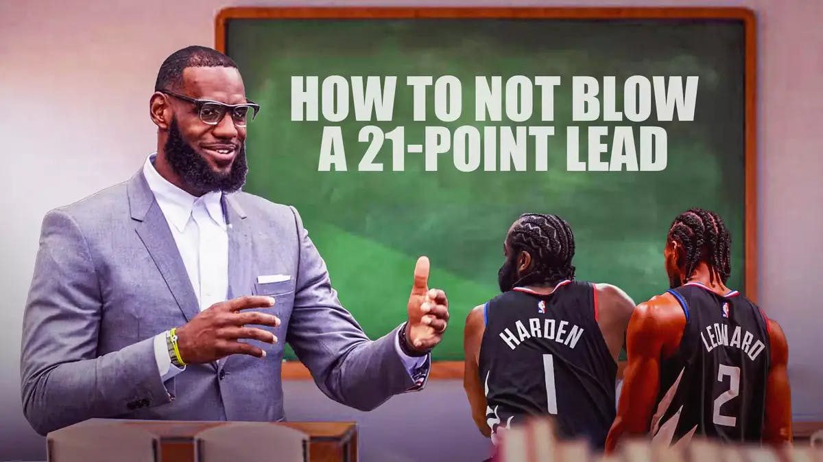 Lakers' LeBron James as a professor (with glasses on) in a classroom, with “HOW NOT TO BLOW A 21-POINT LEAD” written on the blackboard, with Clippers' Kawhi Leonard and James Harden as his students
