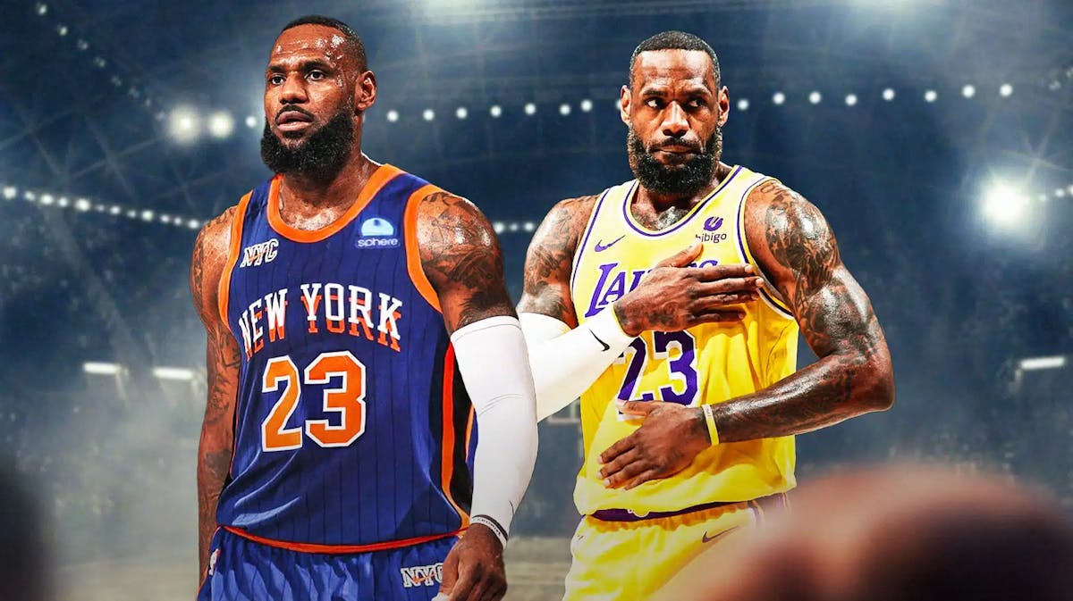 A double image of LeBron James, one of him in his Lakers jersey and the other of him in a Knicks jersey, trade