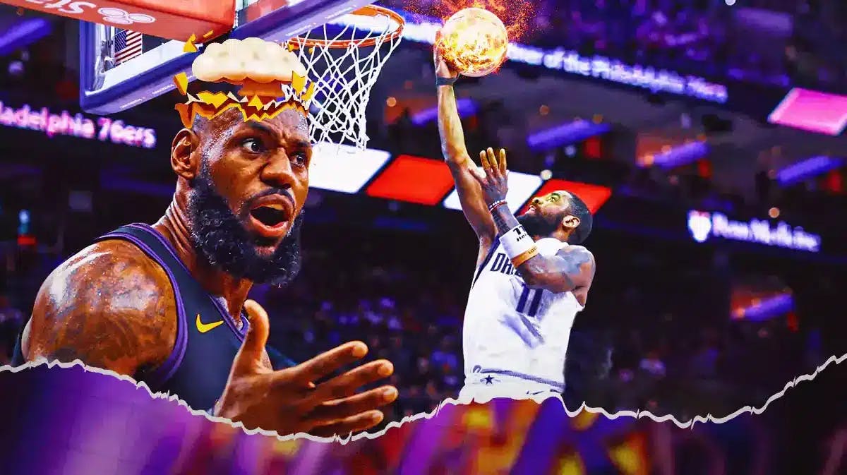 Lakers' LeBron James with mind-blown head. Mavericks' Kyrie Irving doing a layup with the ball on fire