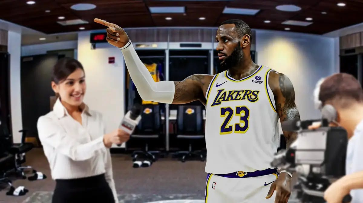 Lakers LeBron James pointing at a media member