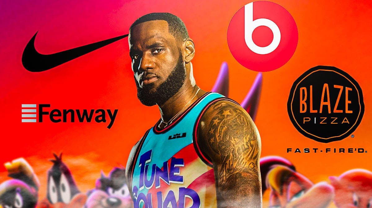 LeBron James surrounded by logos from Fenway Sports Group, Nike, Beats Electronics and Blaze Pizza.