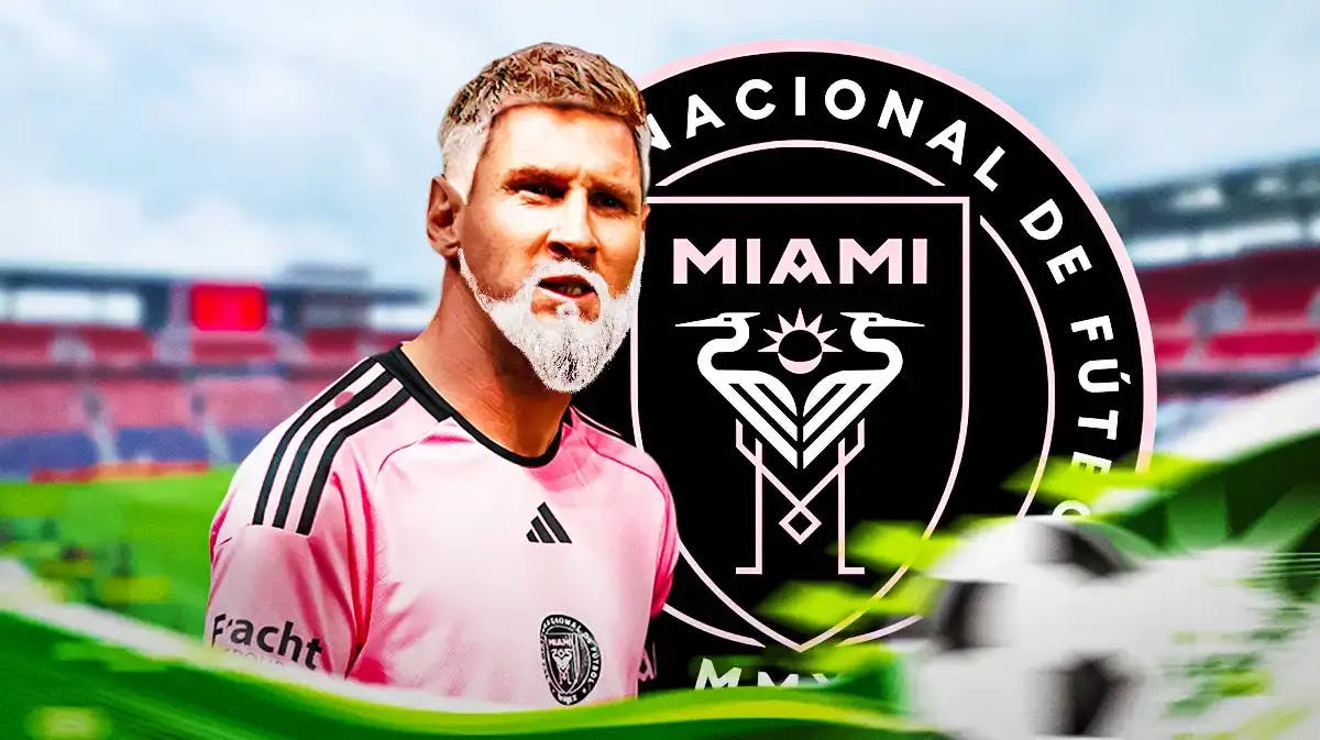 Lionel Messi as a senior guy/pensioner in front of the Inter Miami logo