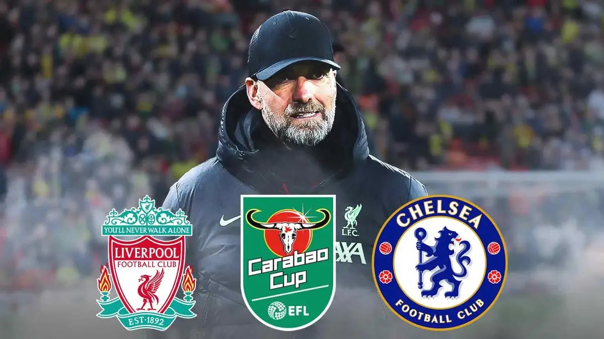Jurgen Klopp in front of the Liverpool and Chelsea logos on the sides, the Carabao Cup logo in the middle