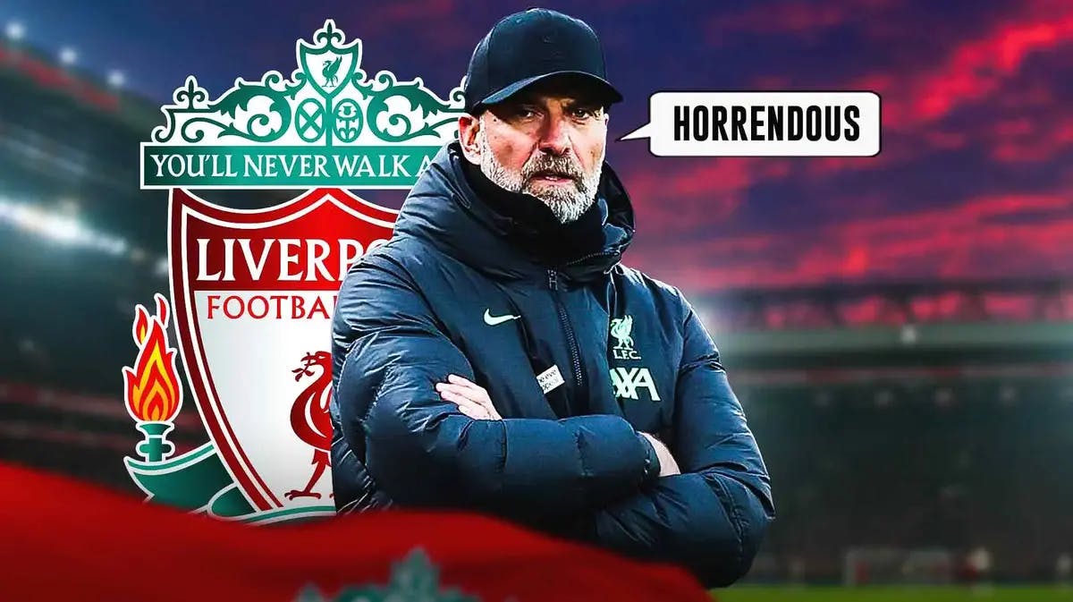 Jurgen Klopp saying: ‘Horrendous’ in front of the Liverpool logo