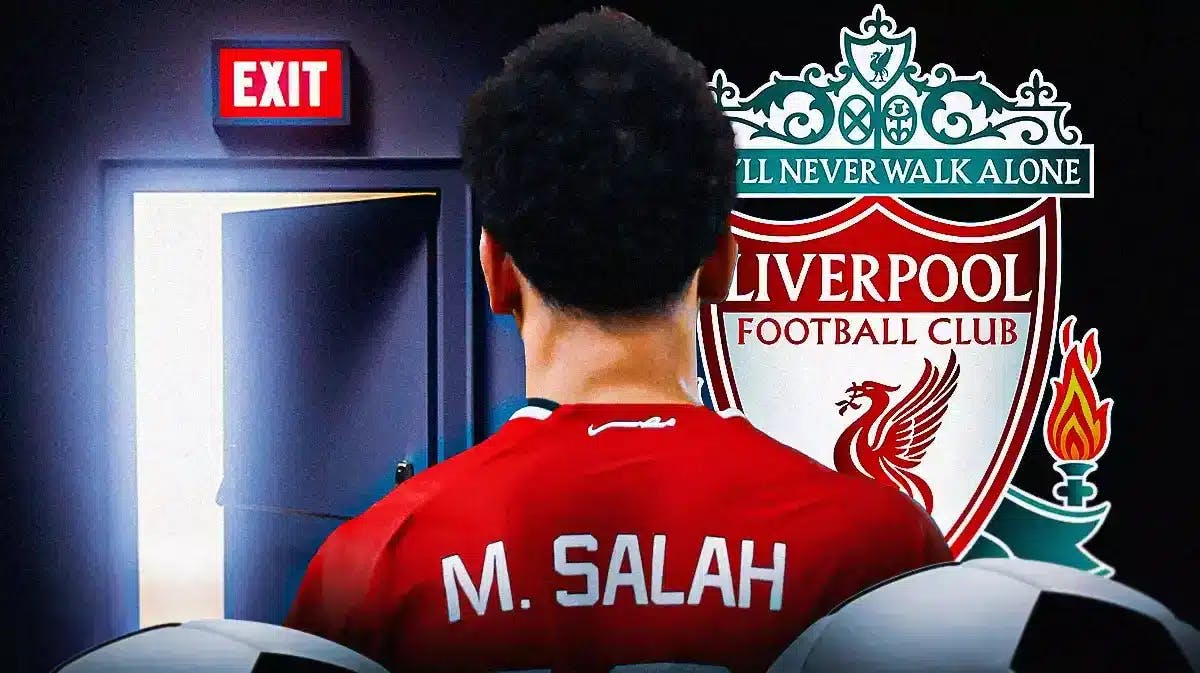 Mohamed Salah in front of an exit door, the Liverpool logo on the side