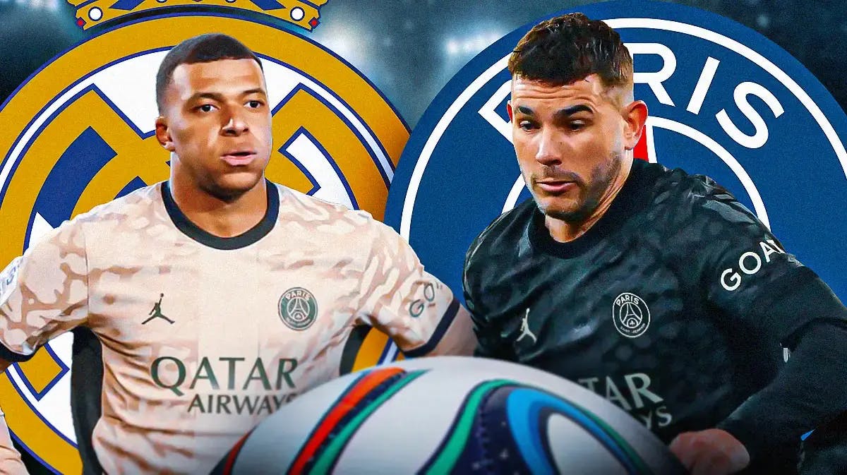 Lucas Hernandez in front of the PSG logo, Kylian Mbappe in front of the Real Madrid logo