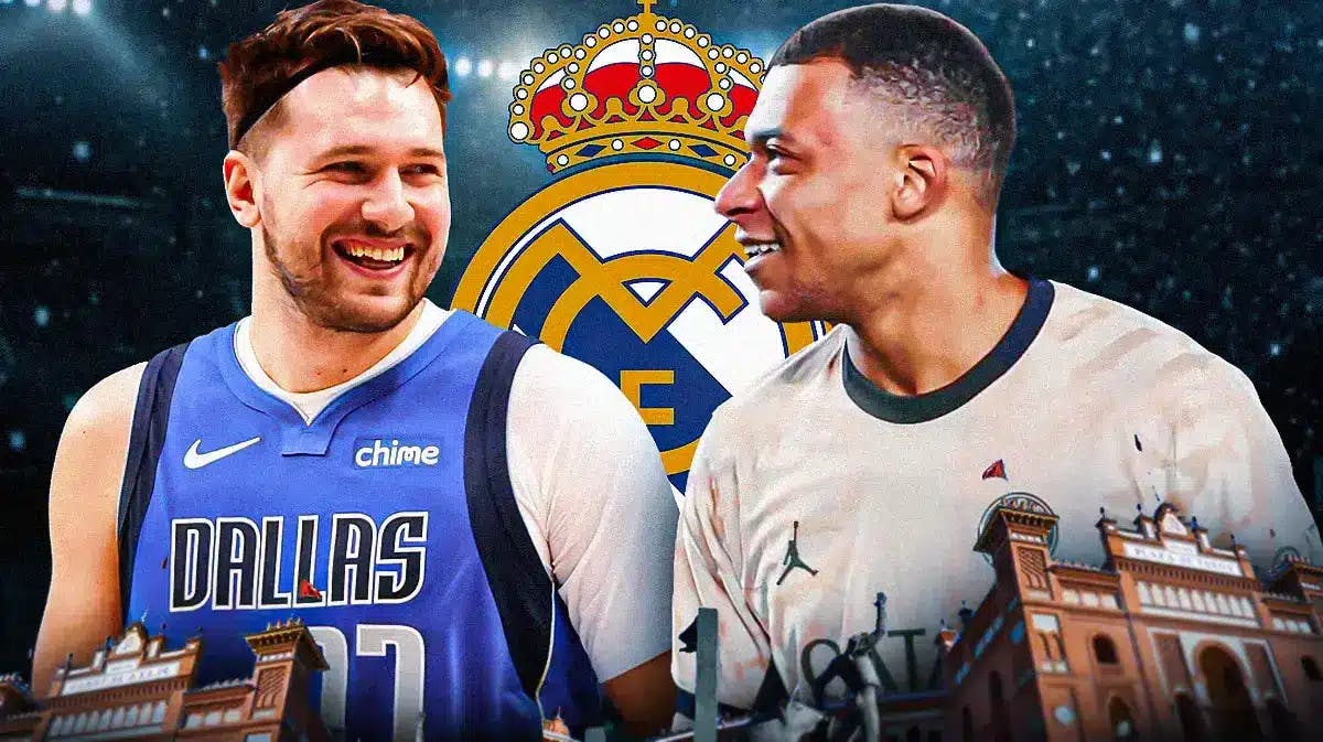 Luka Doncic and Kylian Mbappe laughing in front of the Real Madrid logo