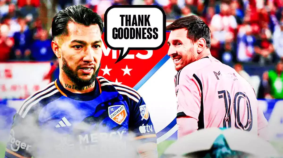 Luciano Acosta saying: ‘Thank goodness’ next to Lionel Messi, the MLS logo behind them