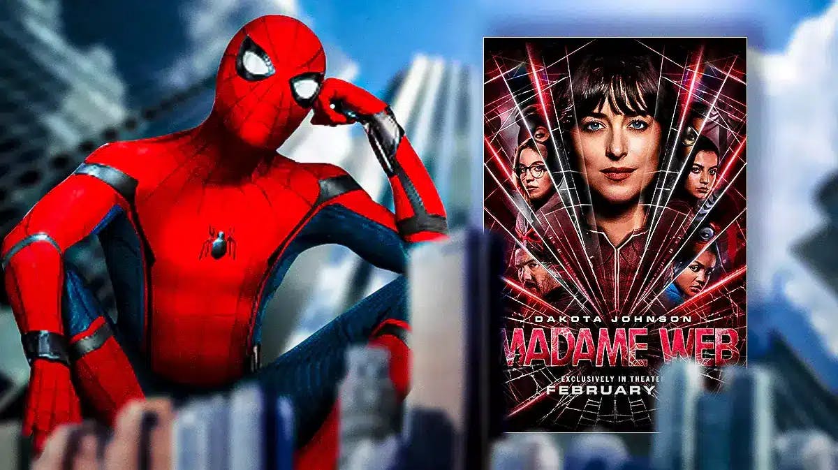 Spider-Man from MCU next to Madame Web poster.