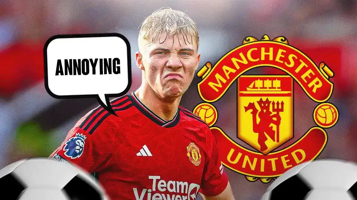 Rasmus Hojlund saying: 'Annoying' in front of the Manchester United logo