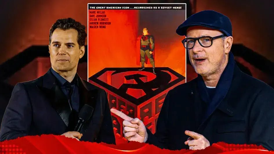 Henry Cavill on one side, Matthew Vaughn on the other; Background: Superman: Red Son