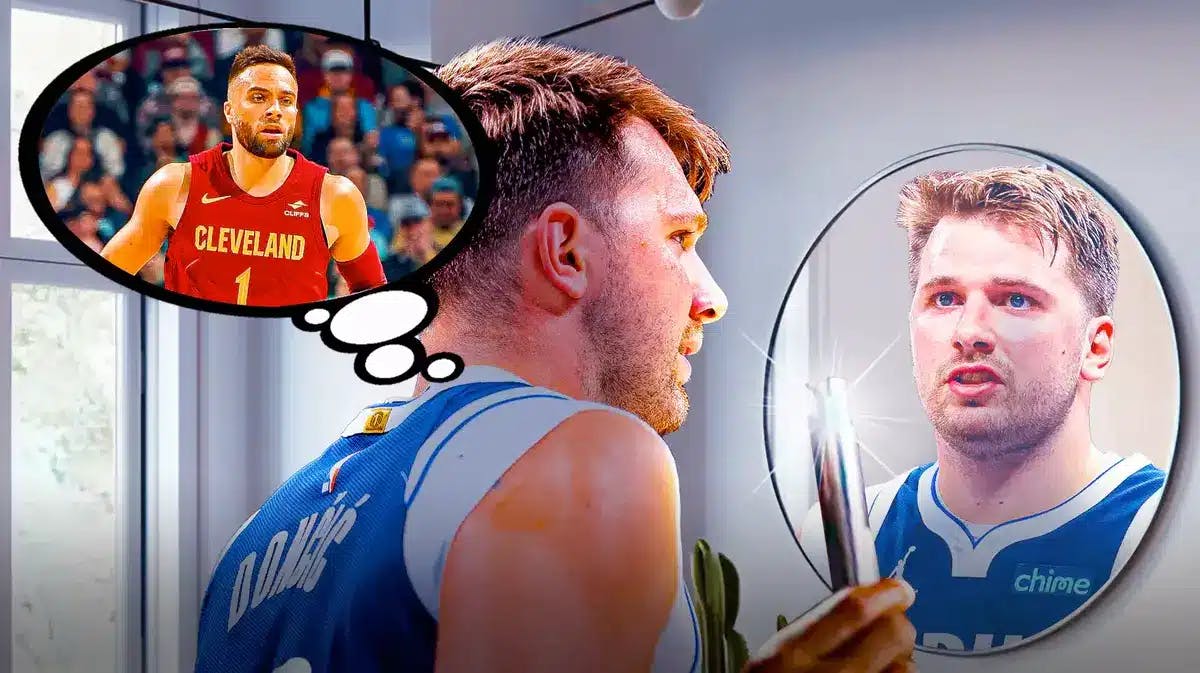 Mavericks' Luka Doncic using the Men In Black neuralyzer on himself while standing in front of a mirror, with a thought bubble containing an image of Cavaliers' Max Strus on Doncic
