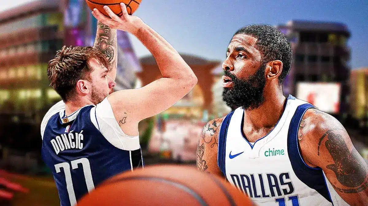 Mavericks' Luka Doncic shooting a basketball on left. Mavericks' Kyrie Irving looking serious on right. American Airlines Center background.